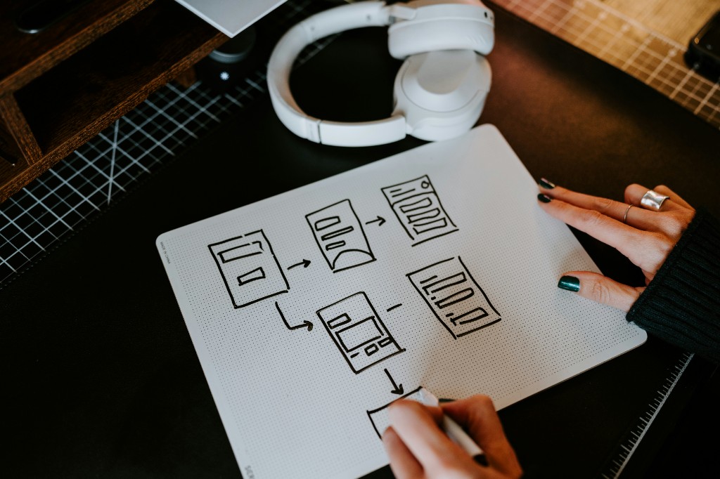 Hands sketching a workflow diagram on paper — planning and process design